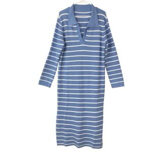 Saodimallsu NWT Striped Polo V-Neck Sweater Midi Dress XL Blue White Coastal